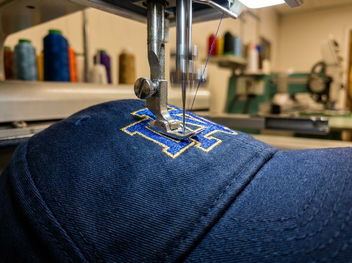 Multi-head embroidery machine stitching a logo